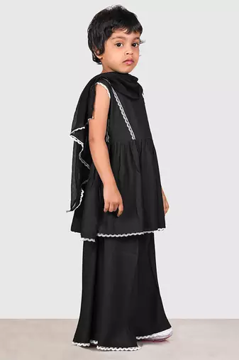 Black lace rayon flared kurta pant with chiffon dupatta set