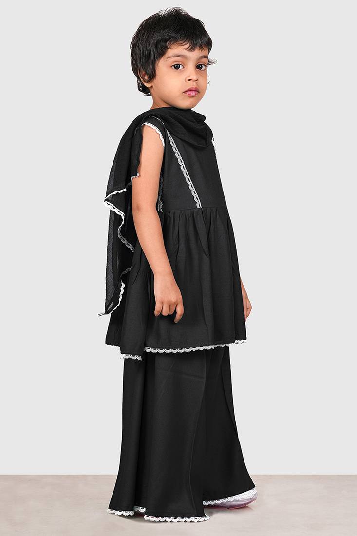 Black lace rayon flared kurta pant with chiffon dupatta set