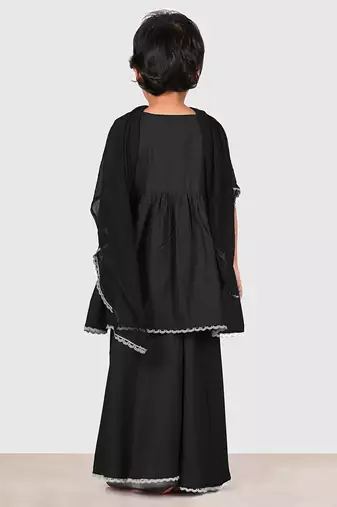 Black lace rayon flared kurta pant with chiffon dupatta set