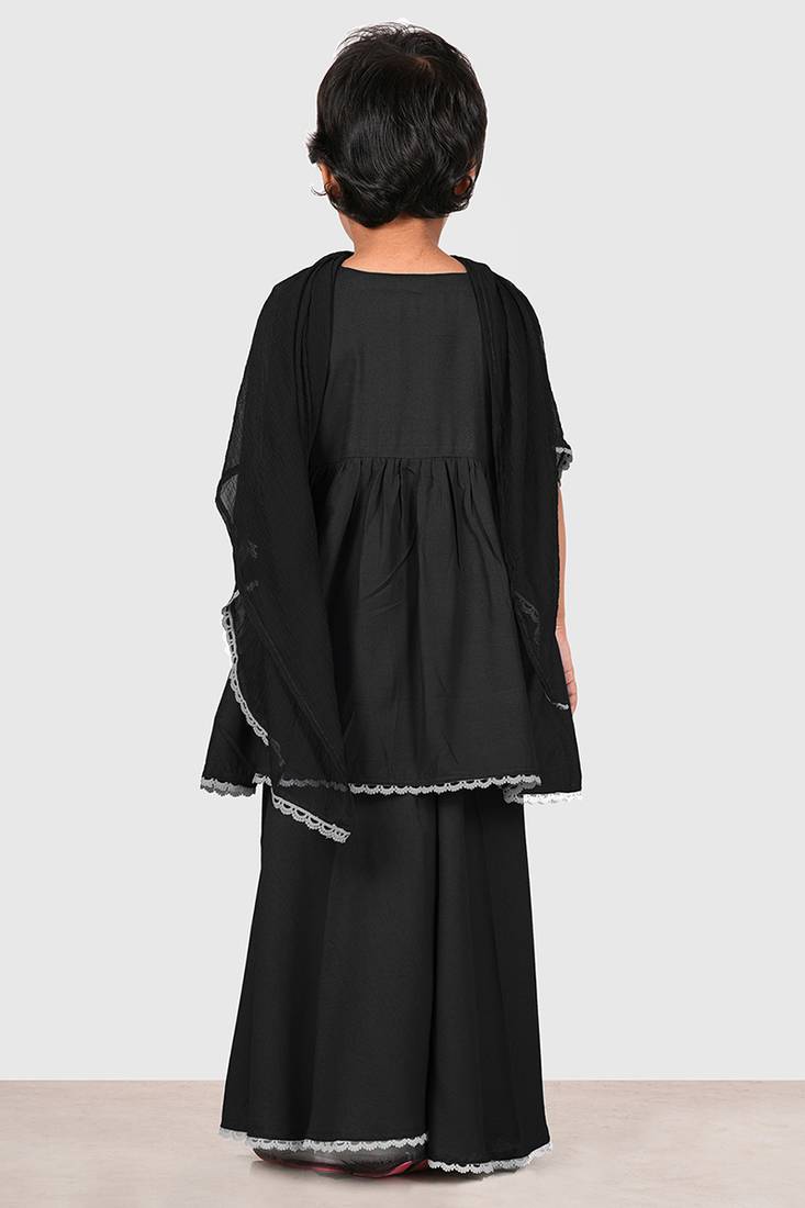 Black lace rayon flared kurta pant with chiffon dupatta set