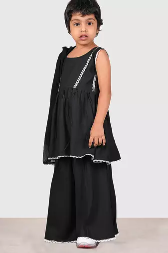 Black lace rayon flared kurta pant with chiffon dupatta set