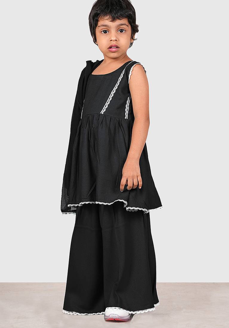Black lace rayon flared kurta pant with chiffon dupatta set