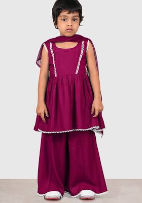 Purple lace rayon flared kurta pant with chiffon dupatta set 1