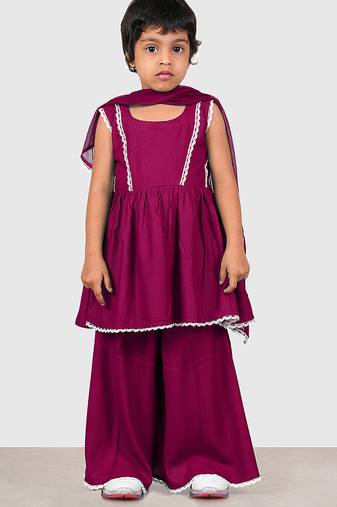Purple lace rayon flared kurta pant with chiffon dupatta set