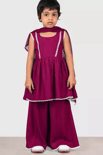 Purple lace rayon flared kurta pant with chiffon dupatta set