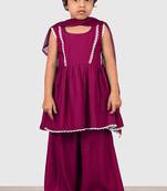 Purple lace rayon flared kurta pant with chiffon dupatta set