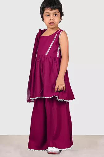 Purple lace rayon flared kurta pant with chiffon dupatta set