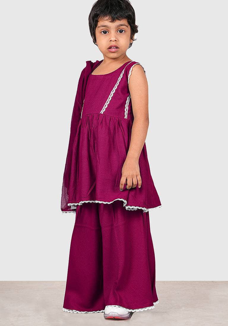 Purple lace rayon flared kurta pant with chiffon dupatta set