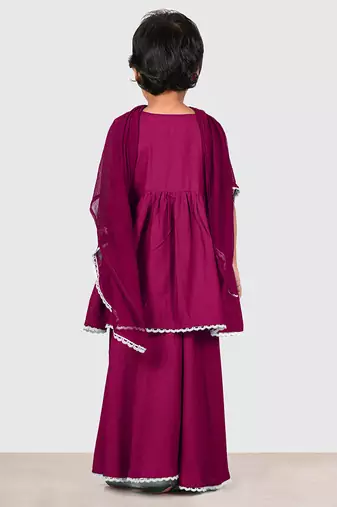 Purple lace rayon flared kurta pant with chiffon dupatta set
