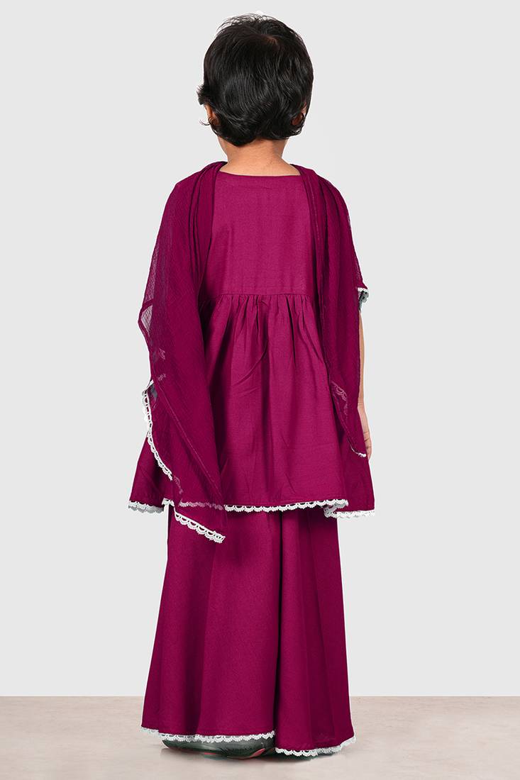 Purple lace rayon flared kurta pant with chiffon dupatta set