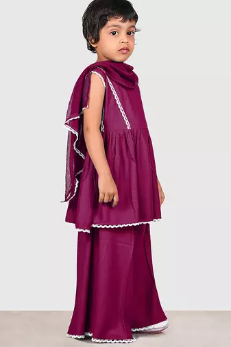 Purple lace rayon flared kurta pant with chiffon dupatta set