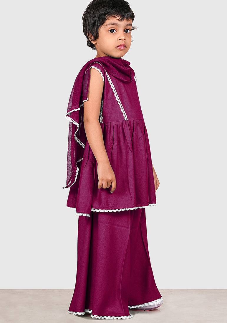 Purple lace rayon flared kurta pant with chiffon dupatta set