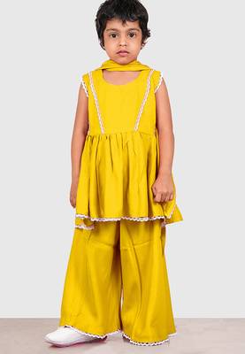 Yellow lace rayon flared kurta pant with chiffon dupatta set 1