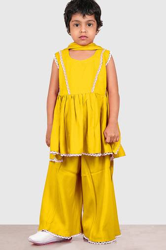 Yellow lace rayon flared kurta pant with chiffon dupatta set