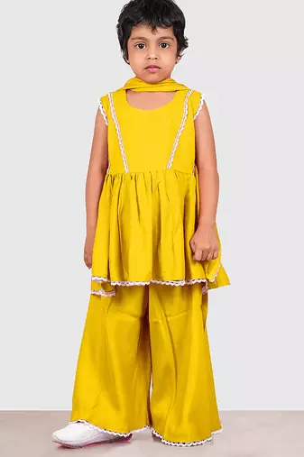 Yellow lace rayon flared kurta pant with chiffon dupatta set