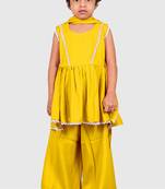 Yellow lace rayon flared kurta pant with chiffon dupatta set