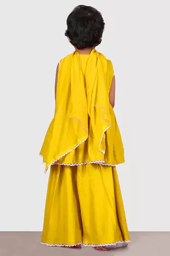Yellow lace rayon flared kurta pant with chiffon dupatta set