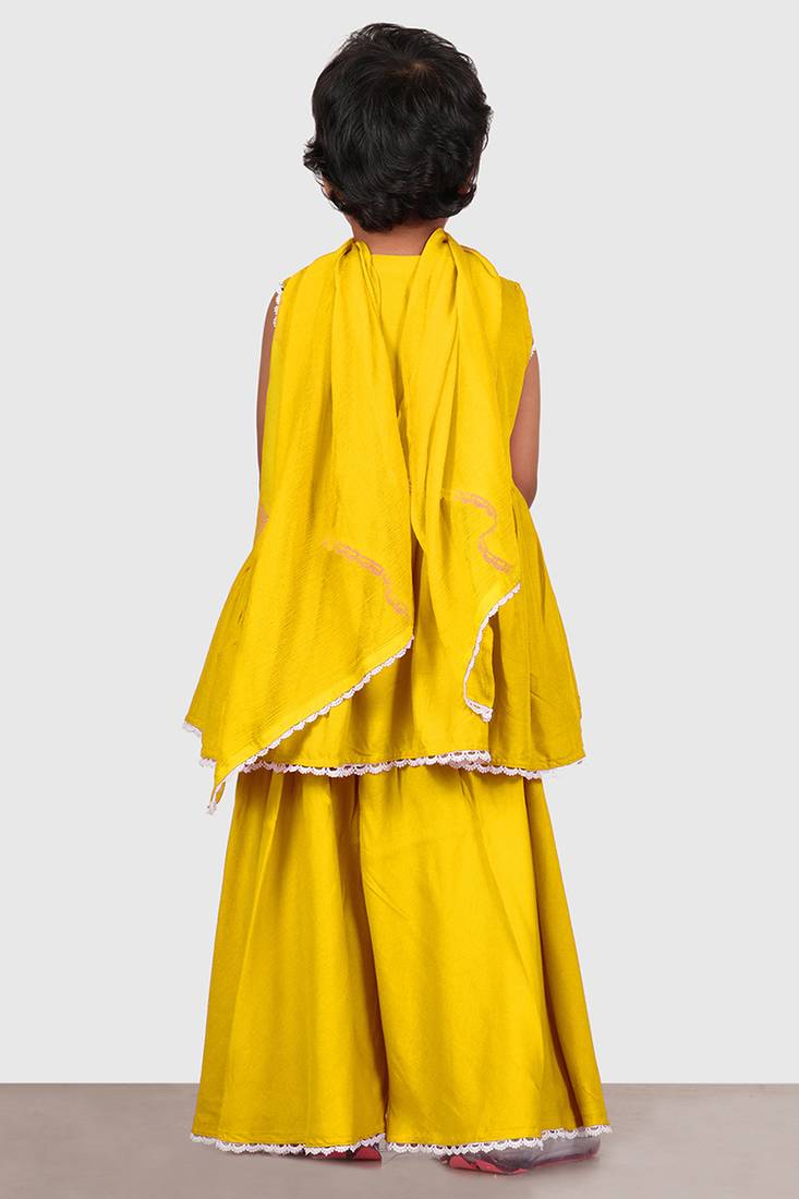 Yellow lace rayon flared kurta pant with chiffon dupatta set