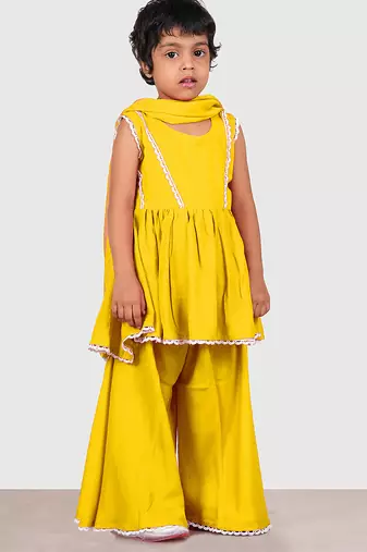 Yellow lace rayon flared kurta pant with chiffon dupatta set