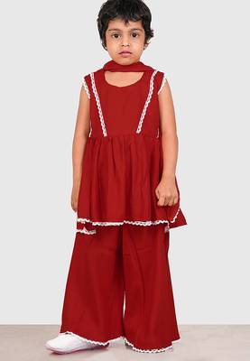 Maroon lace rayon flared kurta pant with chiffon dupatta set 1