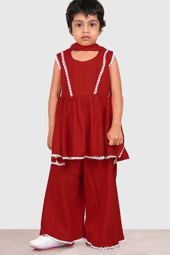 Maroon lace rayon flared kurta pant with chiffon dupatta set
