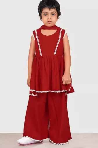 Maroon lace rayon flared kurta pant with chiffon dupatta set