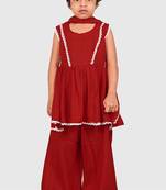Maroon lace rayon flared kurta pant with chiffon dupatta set