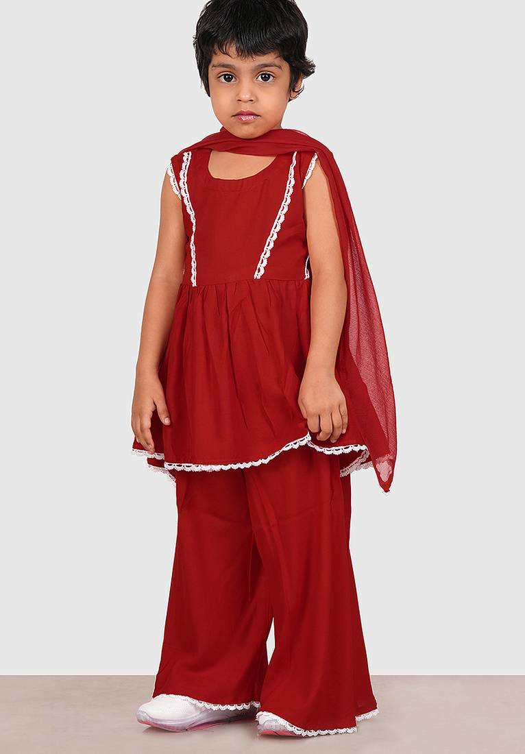 Maroon lace rayon flared kurta pant with chiffon dupatta set