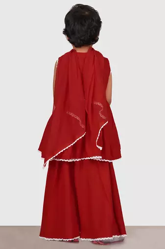 Maroon lace rayon flared kurta pant with chiffon dupatta set