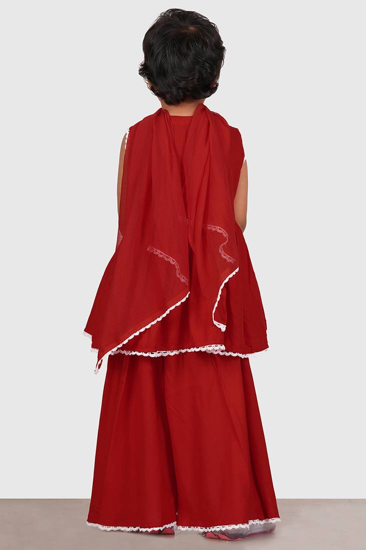 Maroon lace rayon flared kurta pant with chiffon dupatta set