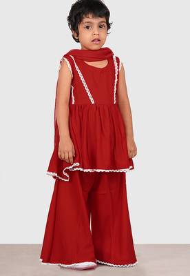 Maroon lace rayon flared kurta pant with chiffon dupatta set 4