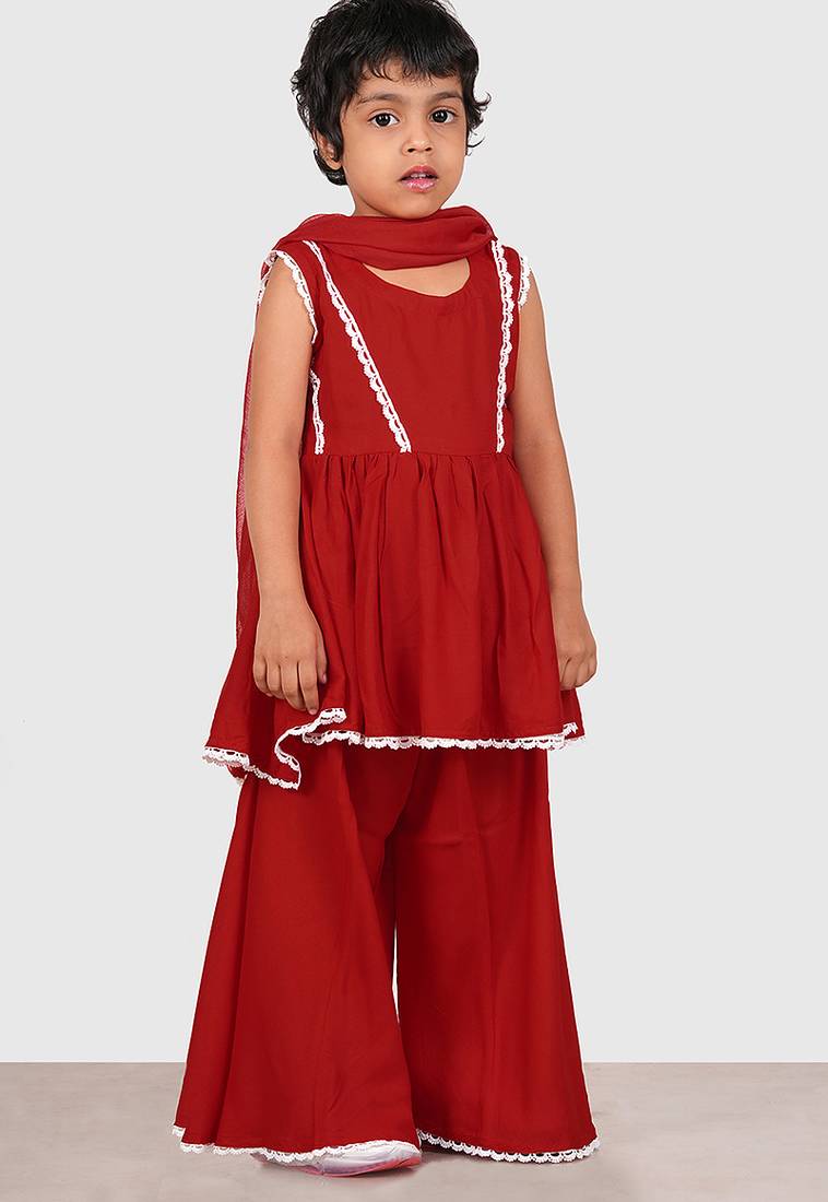 Maroon lace rayon flared kurta pant with chiffon dupatta set