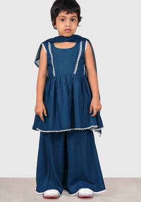 Blue lace rayon flared kurta pant with chiffon dupatta set 1
