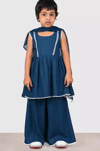 Blue lace rayon flared kurta pant with chiffon dupatta set