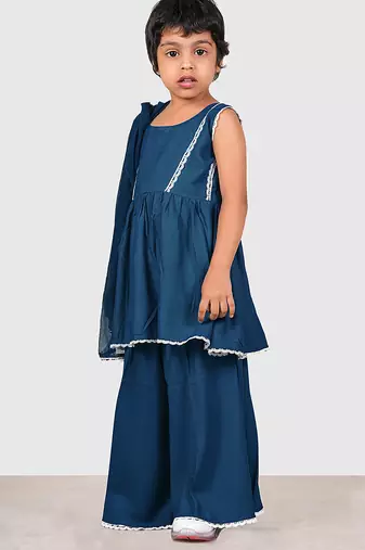 Blue lace rayon flared kurta pant with chiffon dupatta set