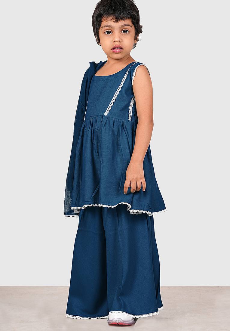 Blue lace rayon flared kurta pant with chiffon dupatta set
