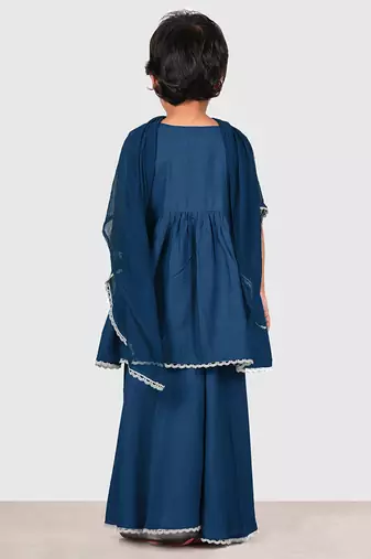 Blue lace rayon flared kurta pant with chiffon dupatta set
