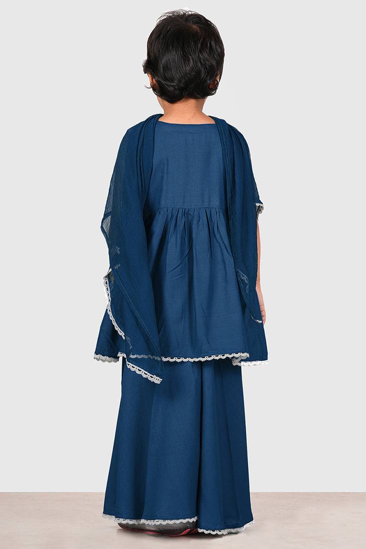 Blue lace rayon flared kurta pant with chiffon dupatta set