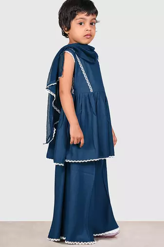 Blue lace rayon flared kurta pant with chiffon dupatta set