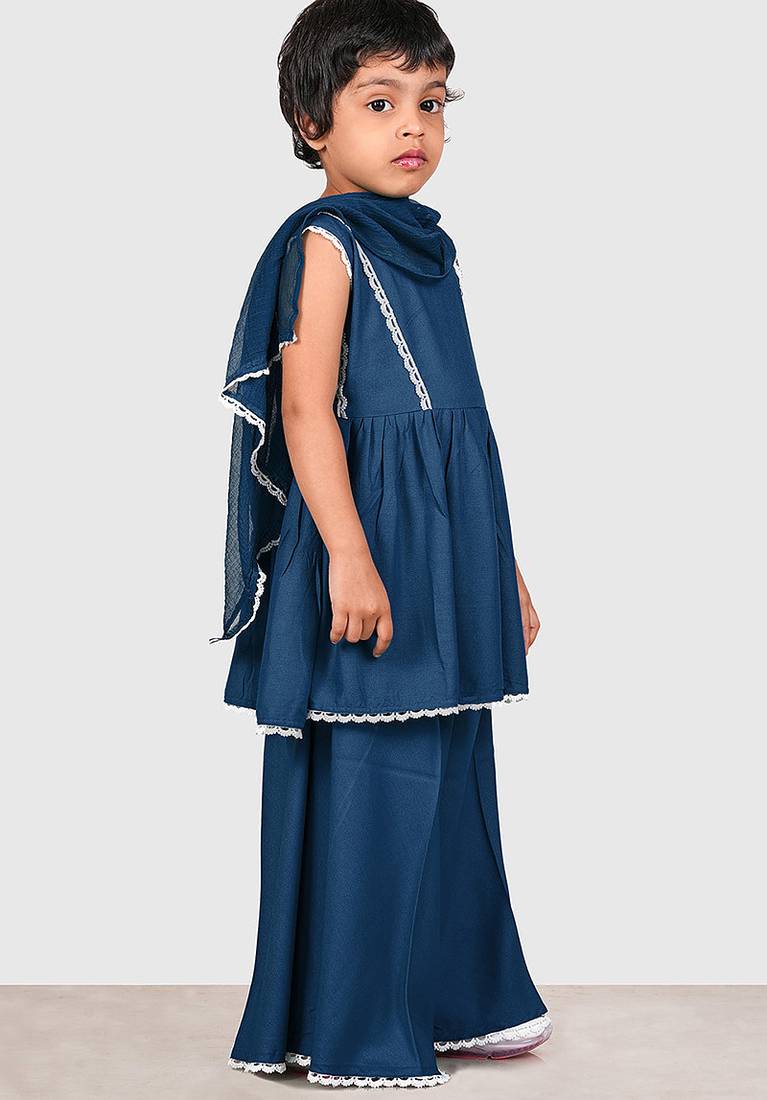 Blue lace rayon flared kurta pant with chiffon dupatta set