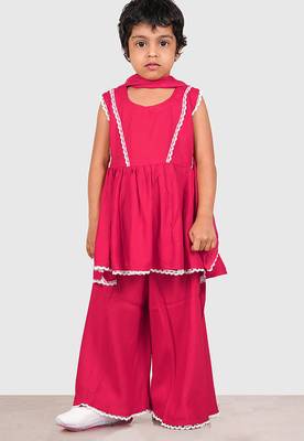 Pink lace rayon flared kurta pant with chiffon dupatta set 1