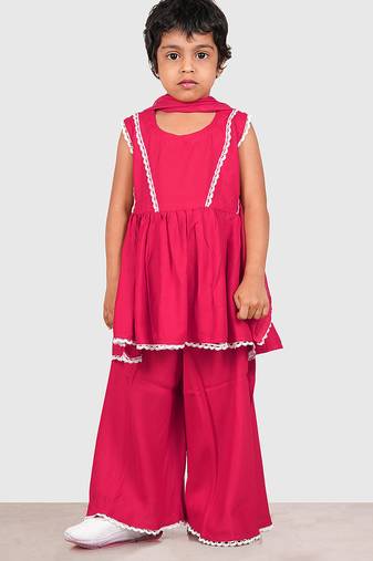 Pink lace rayon flared kurta pant with chiffon dupatta set