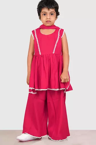 Pink lace rayon flared kurta pant with chiffon dupatta set