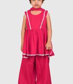 Pink lace rayon flared kurta pant with chiffon dupatta set