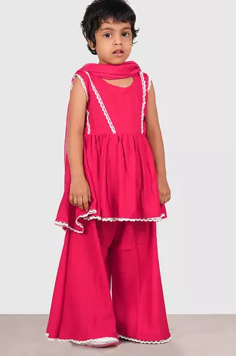 Pink lace rayon flared kurta pant with chiffon dupatta set