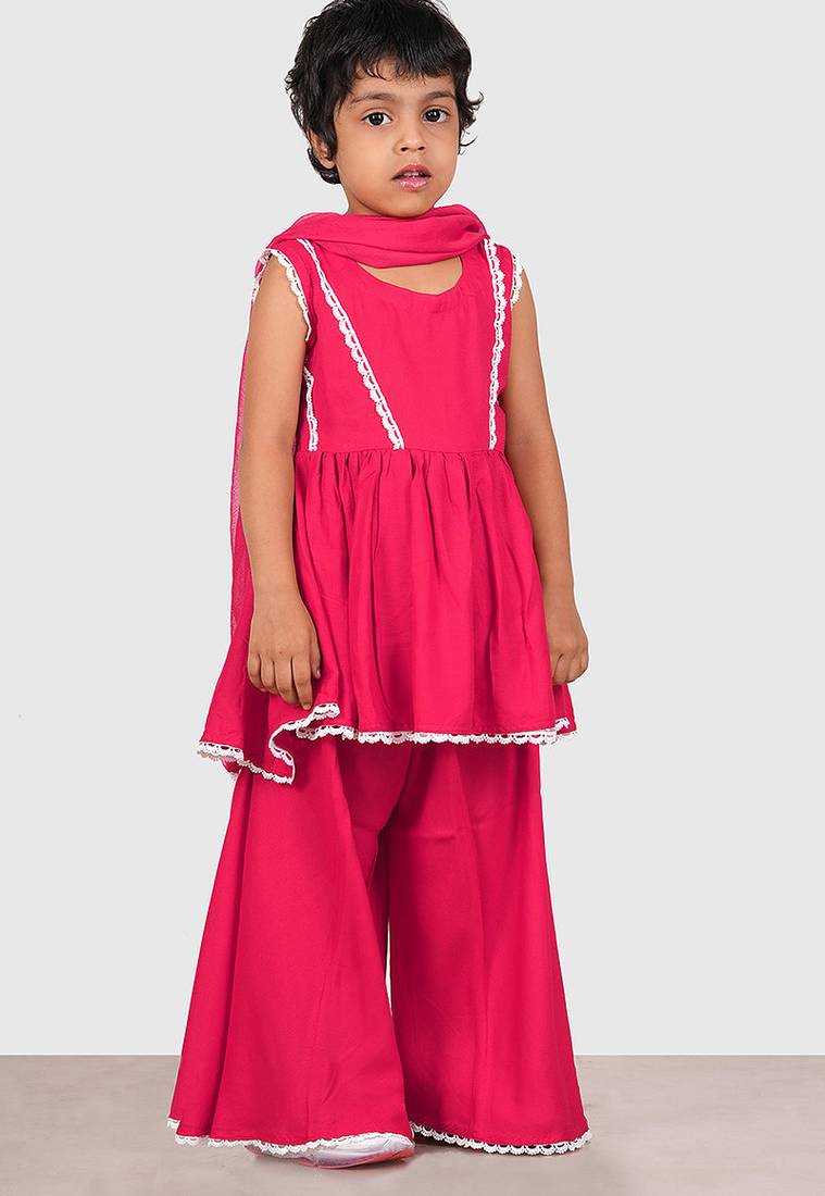 Pink lace rayon flared kurta pant with chiffon dupatta set