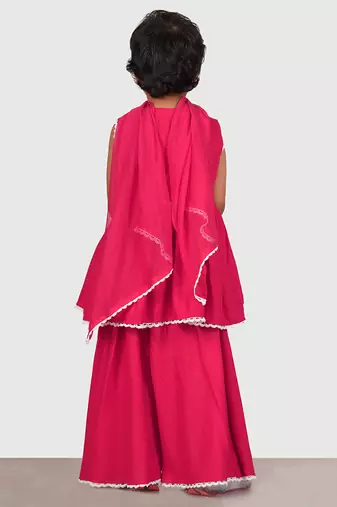 Pink lace rayon flared kurta pant with chiffon dupatta set