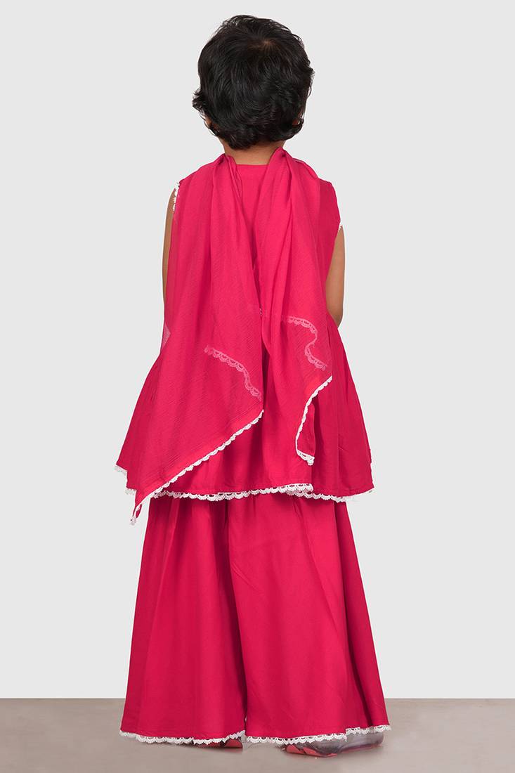 Pink lace rayon flared kurta pant with chiffon dupatta set