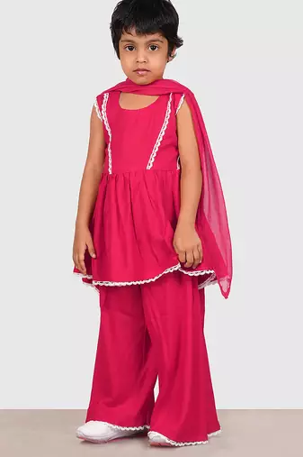 Pink lace rayon flared kurta pant with chiffon dupatta set