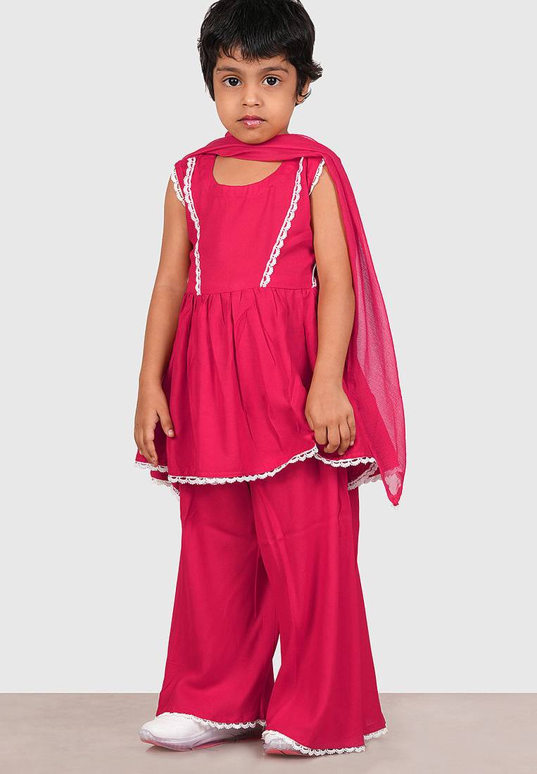 Pink lace rayon flared kurta pant with chiffon dupatta set